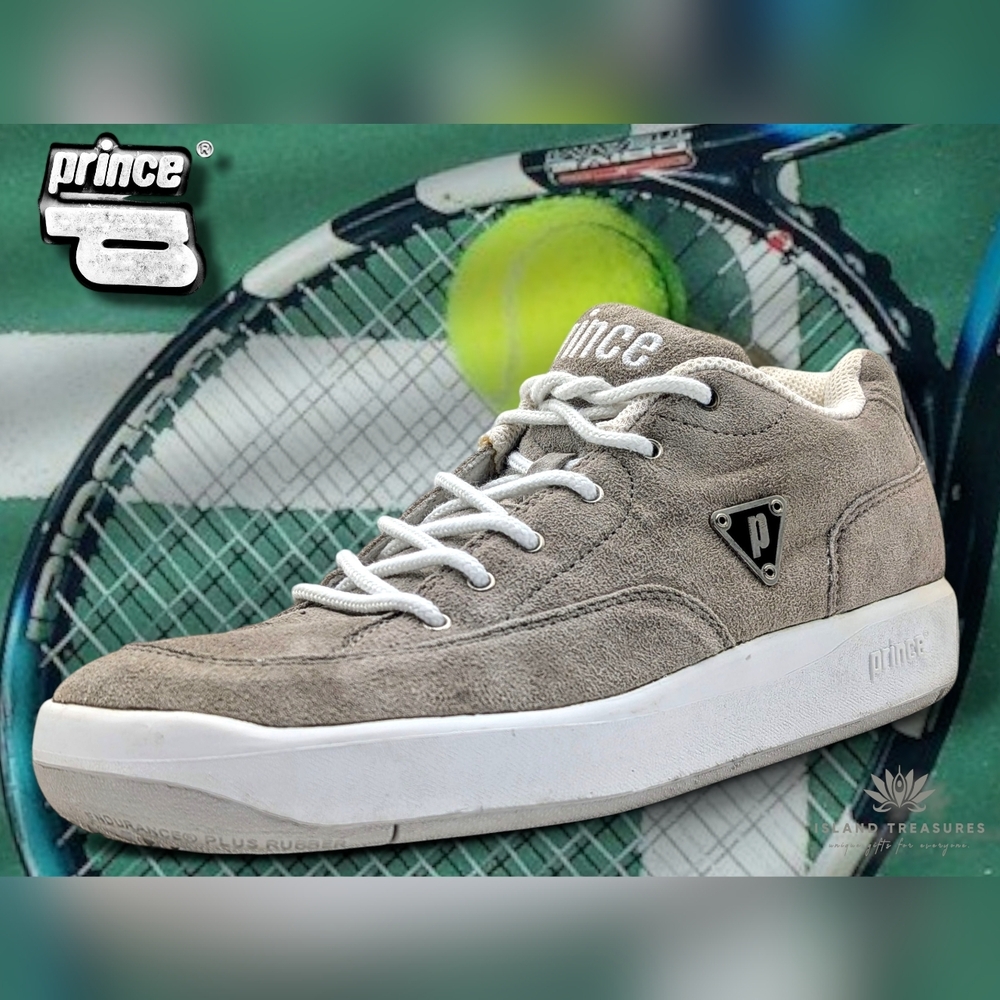 Prince Vintage Womens Sz 8 Tennis Suede Lace-Up Sneakers Grey/ Tan Silver Accent
